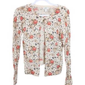 LOFT Floral Cardigan Sweater 100% Cotton Peach Gray Cream | Size Small